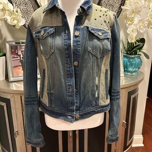 DKNY Two-Tone distressed Denim Studded Jean Jacket
